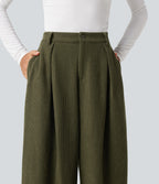 High Waisted Baggy Corduroy Casual Trousers with Pockets — Twilight Green — view 4
