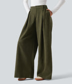 High Waisted Baggy Corduroy Casual Trousers with Pockets — Twilight Green — view 3
