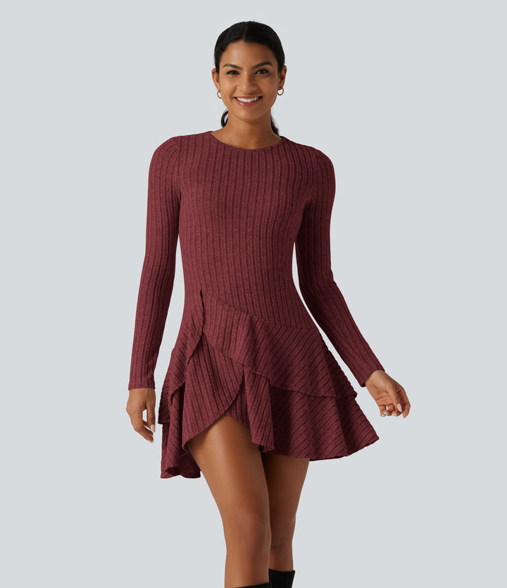 Ribbed Knit Round Neck Long Sleeve Layered Ruffle Hem Mini Casual Dress — Wine Red Floral Yarn — view 1