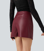 High Waisted Ruched Stretchy PU Mini Casual Skort with Pockets — Berrywood Red — view 2