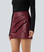 High Waisted Ruched Stretchy PU Mini Casual Skort with Pockets — Berrywood Red — view 3