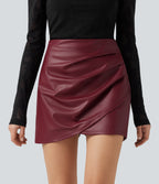 High Waisted Ruched Stretchy PU Mini Casual Skort with Pockets — Berrywood Red — view 1
