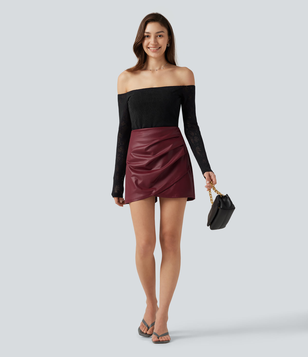 High Waisted Ruched Stretchy PU Mini Casual Skort with Pockets — Berrywood Red — view 7
