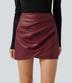 High Waisted Ruched Stretchy PU Mini Casual Skort with Pockets — Berrywood Red — view 4