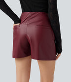 High Waisted Ruched Stretchy PU Mini Casual Skort with Pockets — Berrywood Red — view 5