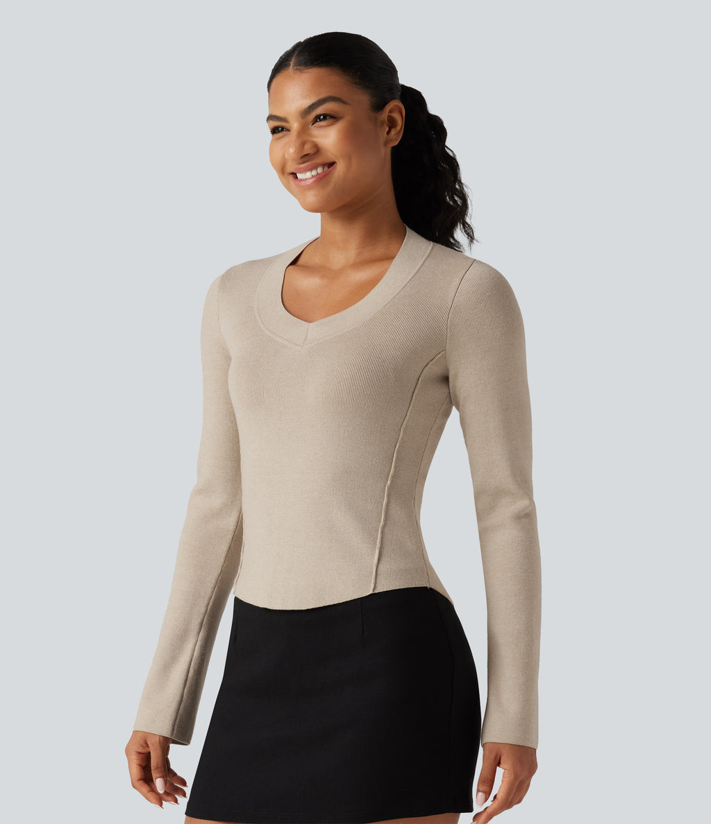 V Neck Long Sleeve Curved Hem Work Wool-Blend Jumper — French Oak — view 3