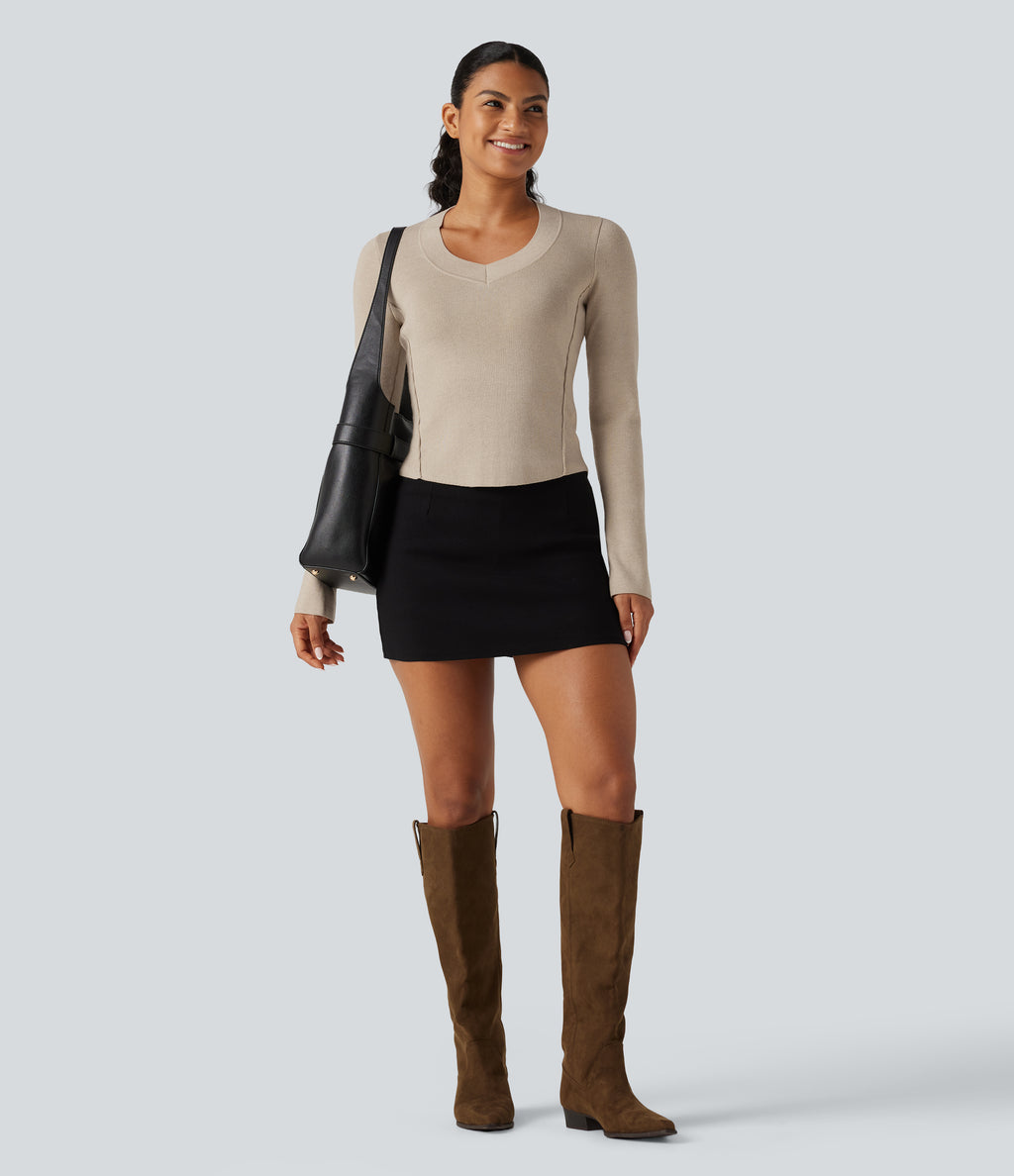 V Neck Long Sleeve Curved Hem Work Wool-Blend Jumper — French Oak — view 7