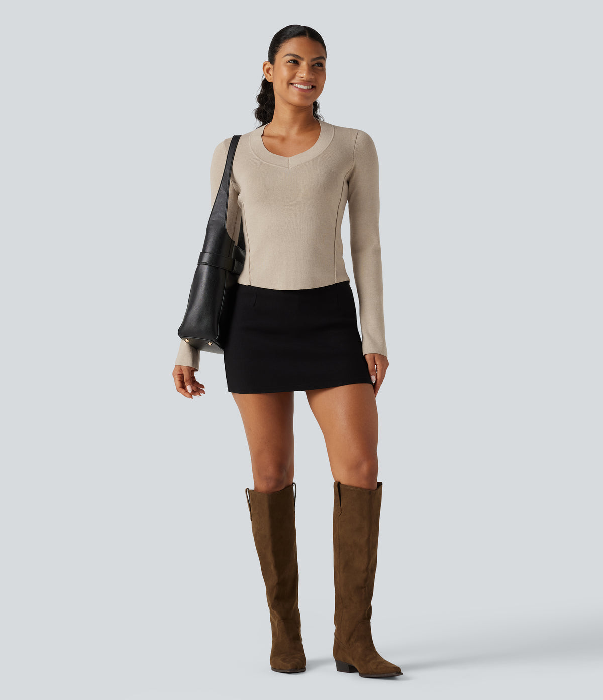V Neck Long Sleeve Curved Hem Work Wool-Blend Jumper — French Oak — view 7