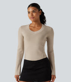 V Neck Long Sleeve Curved Hem Work Wool-Blend Jumper — French Oak — view 1