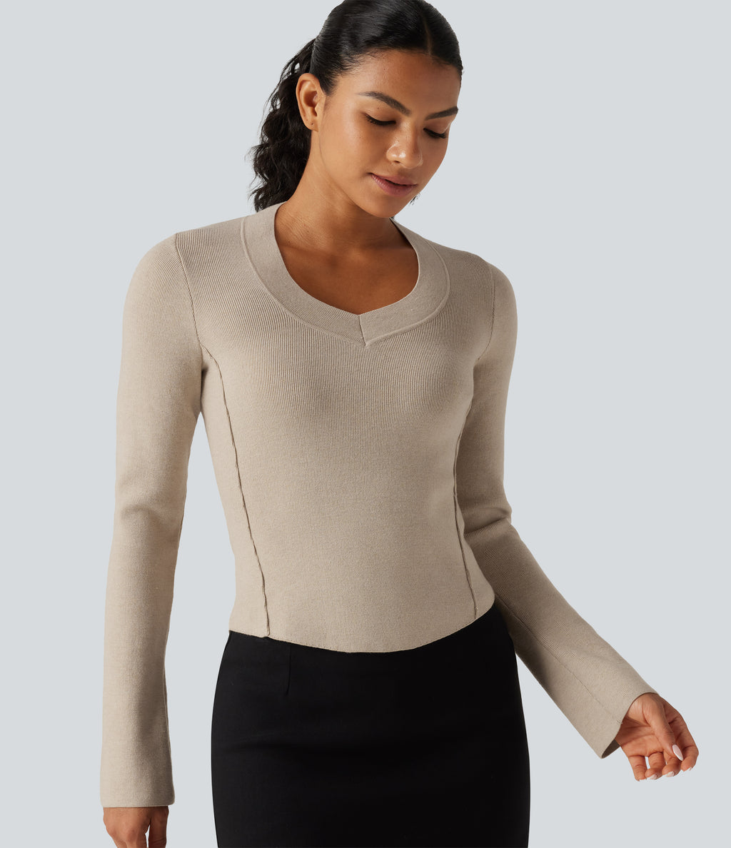 V Neck Long Sleeve Curved Hem Work Wool-Blend Jumper — French Oak — view 4