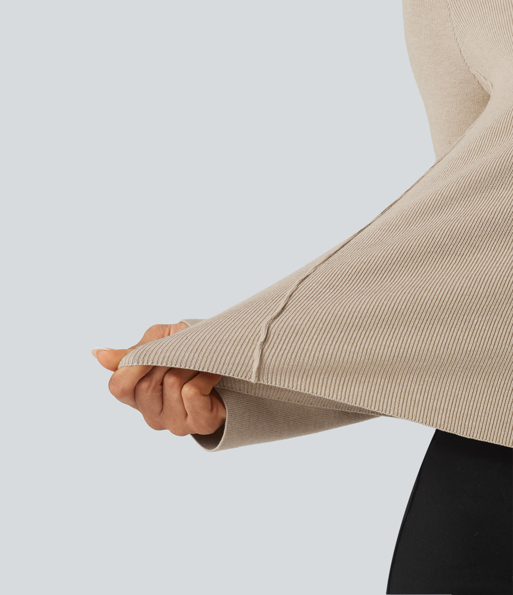 V Neck Long Sleeve Curved Hem Work Wool-Blend Jumper — French Oak — view 6