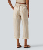 High Waisted 2-in-1 Straight Leg Stripe Cropped Casual Linen-Feel Trousers with Pockets — Oatline — view 2