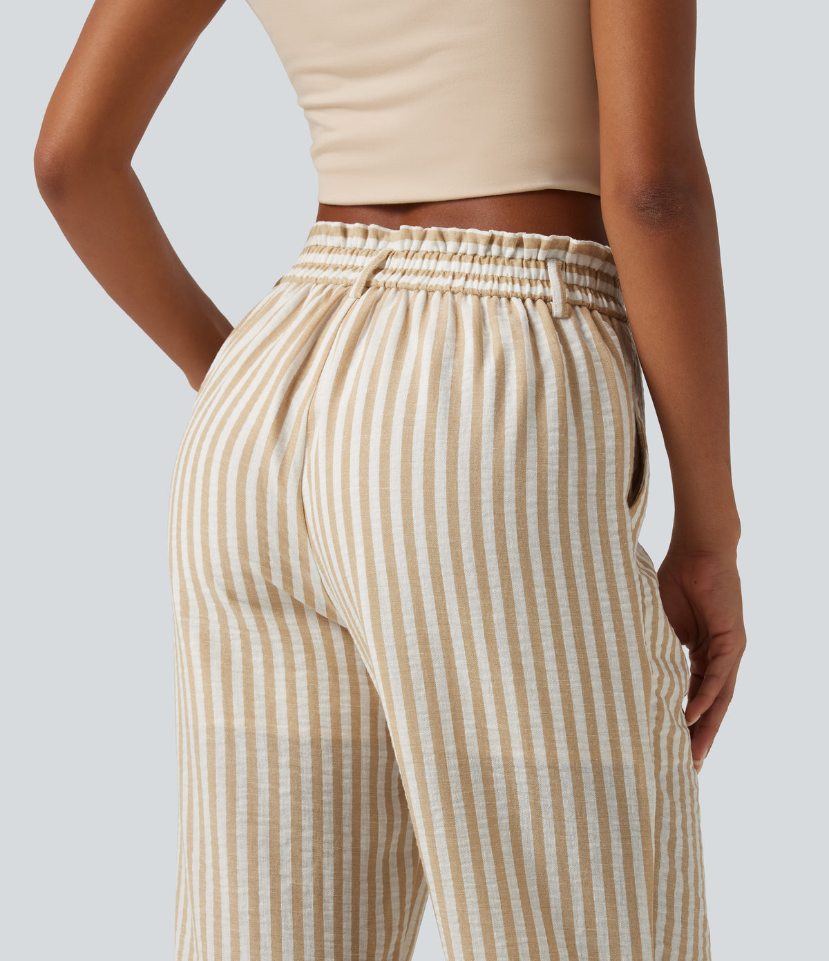 High Waisted 2-in-1 Straight Leg Stripe Cropped Casual Linen-Feel Trousers with Pockets — Oatline — view 4