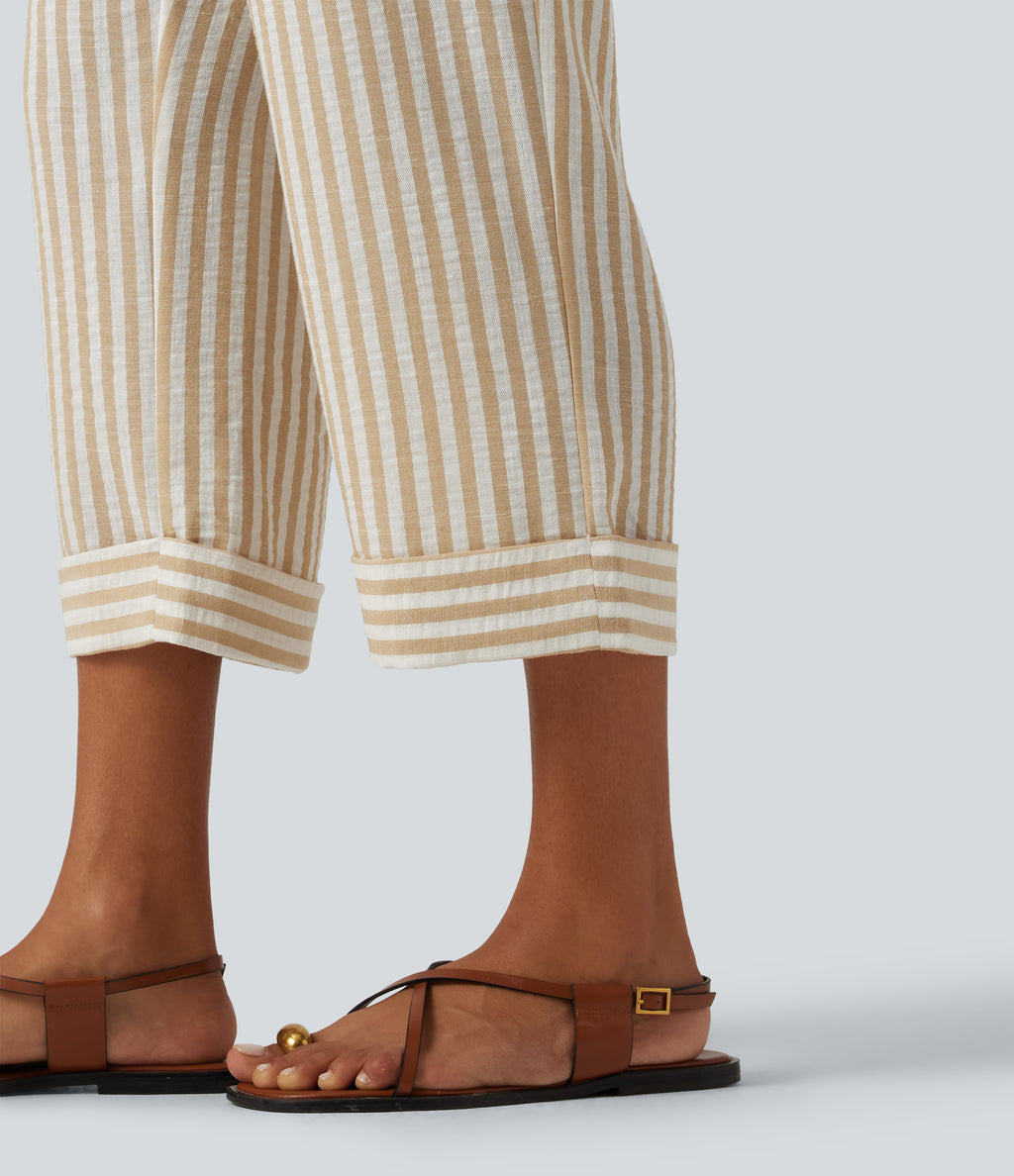 High Waisted 2-in-1 Straight Leg Stripe Cropped Casual Linen-Feel Trousers with Pockets — Oatline — view 7