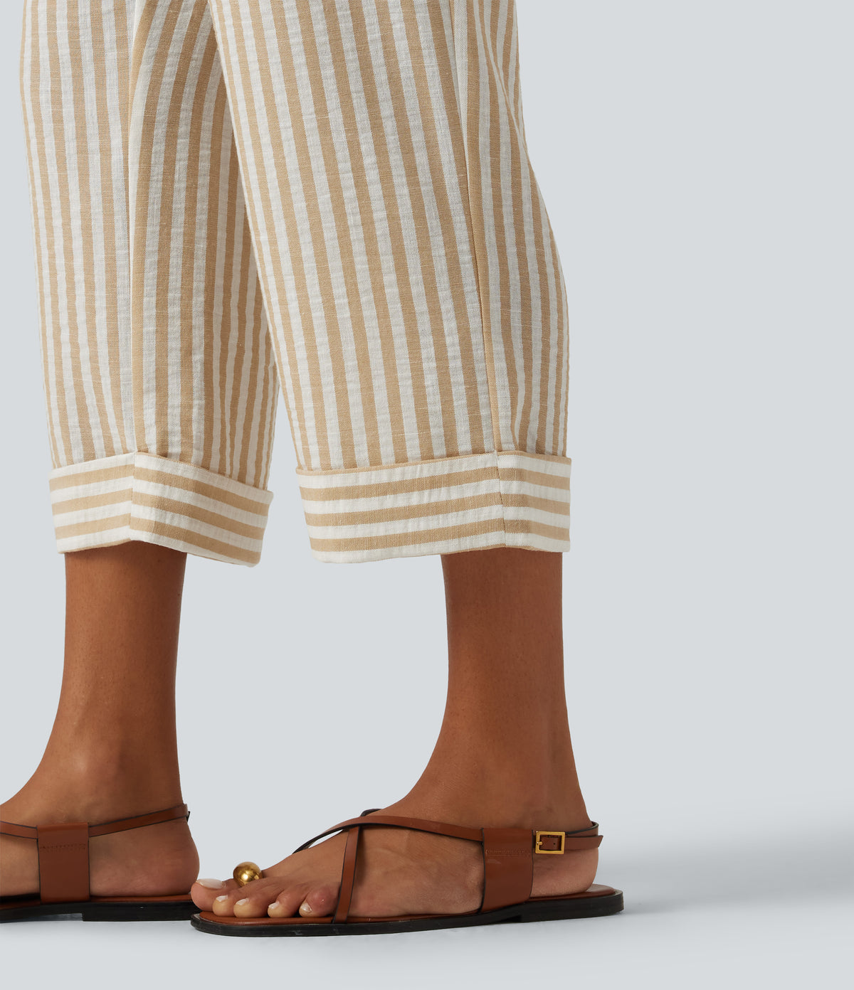 High Waisted 2-in-1 Straight Leg Stripe Cropped Casual Linen-Feel Trousers with Pockets — Oatline — view 7