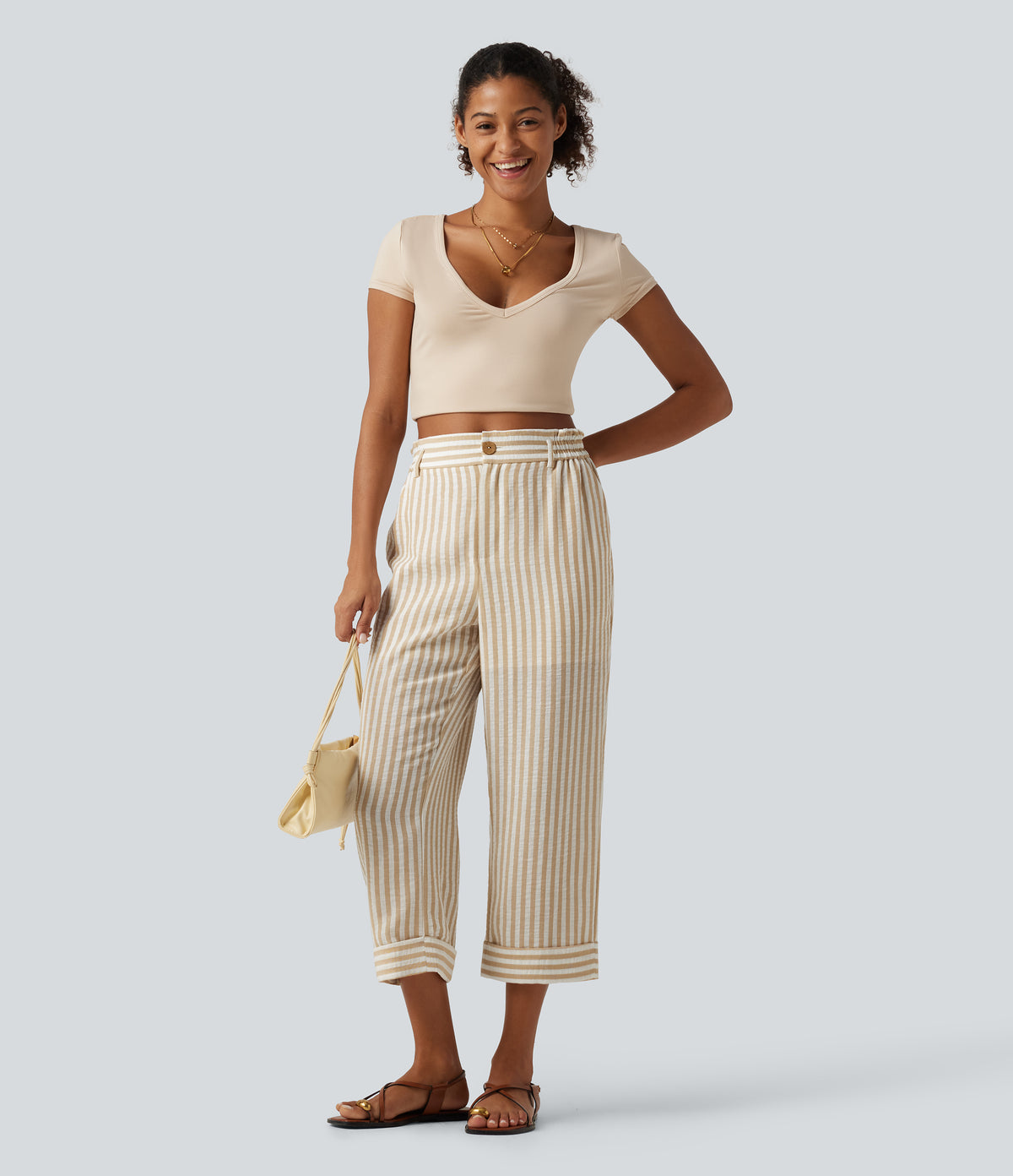 High Waisted 2-in-1 Straight Leg Stripe Cropped Casual Linen-Feel Trousers with Pockets — Oatline — view 8