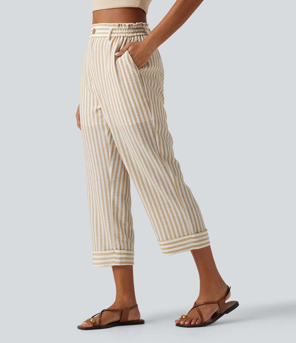 High Waisted 2-in-1 Straight Leg Stripe Cropped Casual Linen-Feel Trousers with Pockets — Oatline — view 1