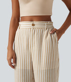 High Waisted 2-in-1 Straight Leg Stripe Cropped Casual Linen-Feel Trousers with Pockets — Oatline — view 5