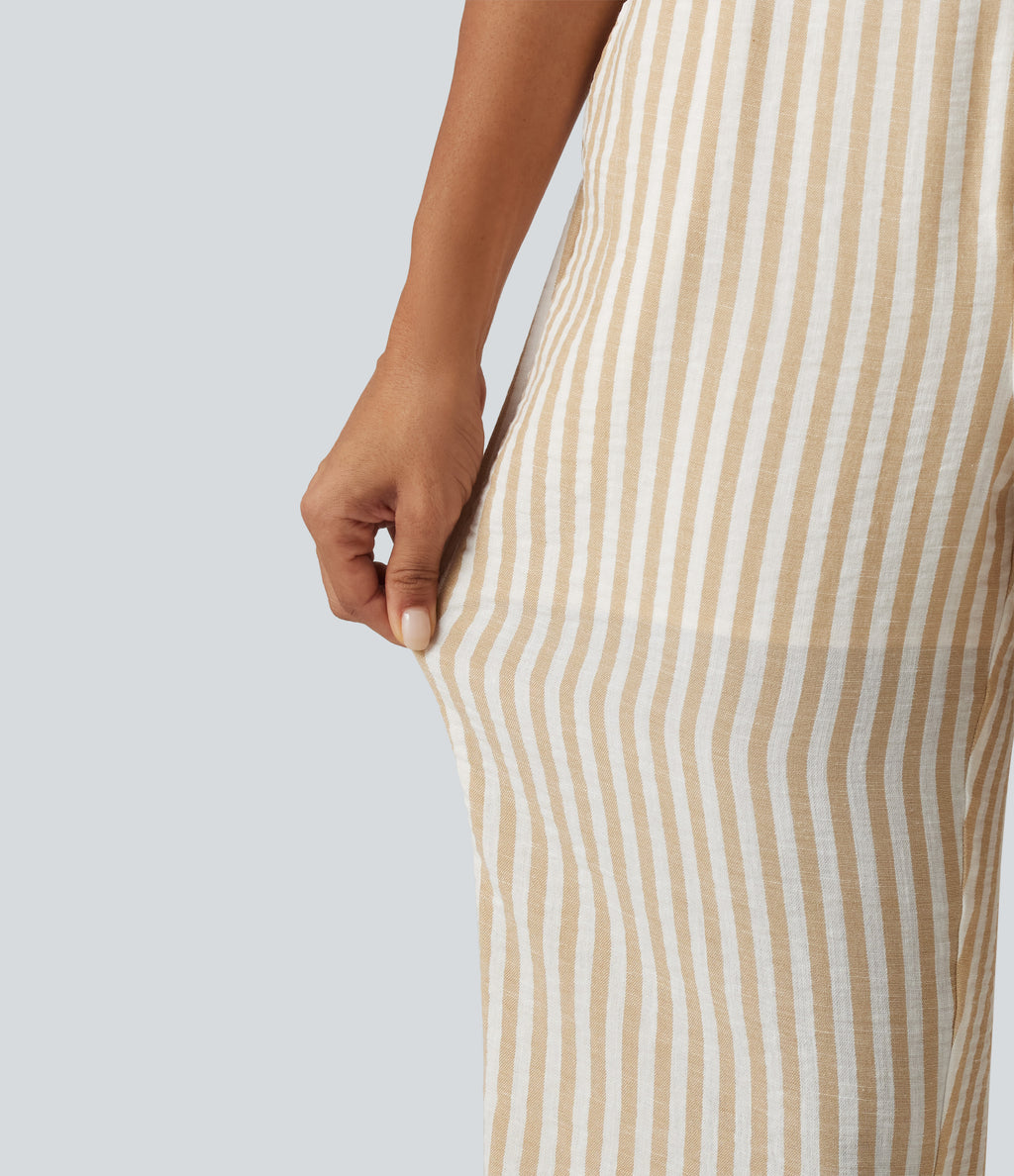 High Waisted 2-in-1 Straight Leg Stripe Cropped Casual Linen-Feel Trousers with Pockets — Oatline — view 6
