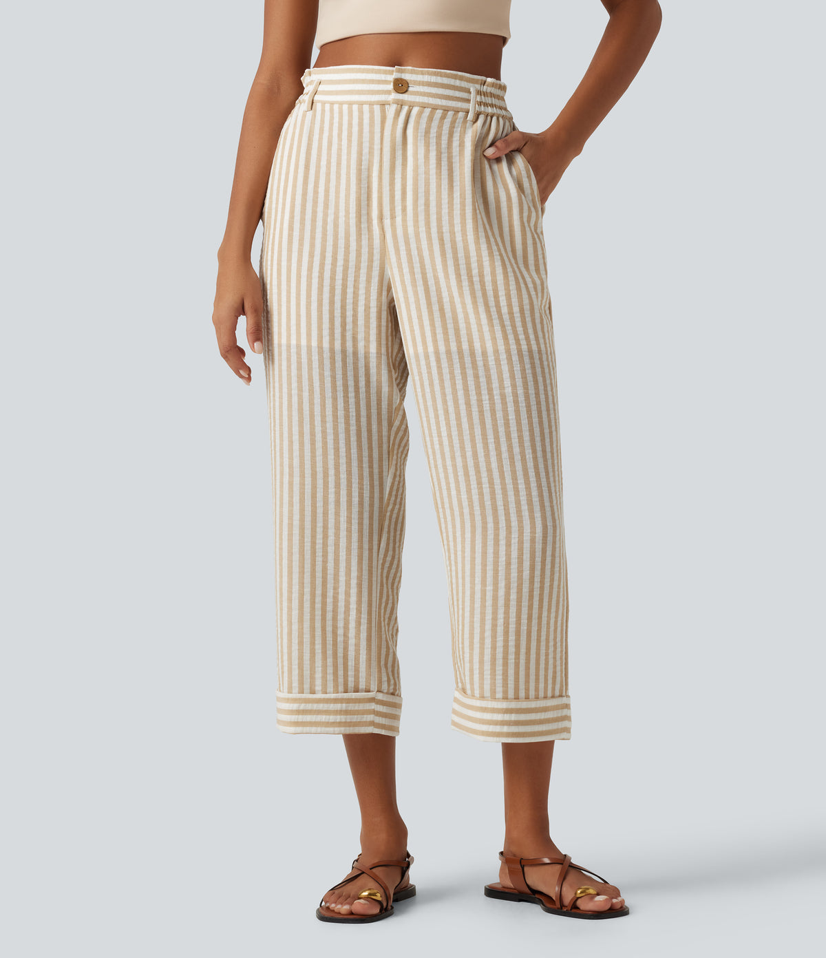 High Waisted 2-in-1 Straight Leg Stripe Cropped Casual Linen-Feel Trousers with Pockets — Oatline — view 3