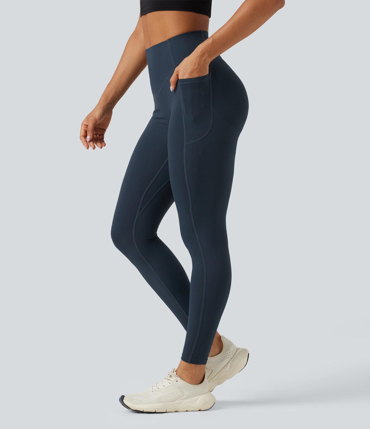 High Waisted Scrunch Butt Lifting Tummy Control Shaping Training Leggings with Pockets — Carbon — view 3
