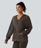 Hooded Long Sleeve Drawstring InstantCool Yoga Jacket with Pockets-UPF50+ — Chocolate Martini — view 3
