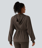 Hooded Long Sleeve Drawstring InstantCool Yoga Jacket with Pockets-UPF50+ — Chocolate Martini — view 2
