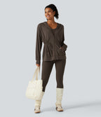Hooded Long Sleeve Drawstring InstantCool Yoga Jacket with Pockets-UPF50+ — Chocolate Martini — view 8