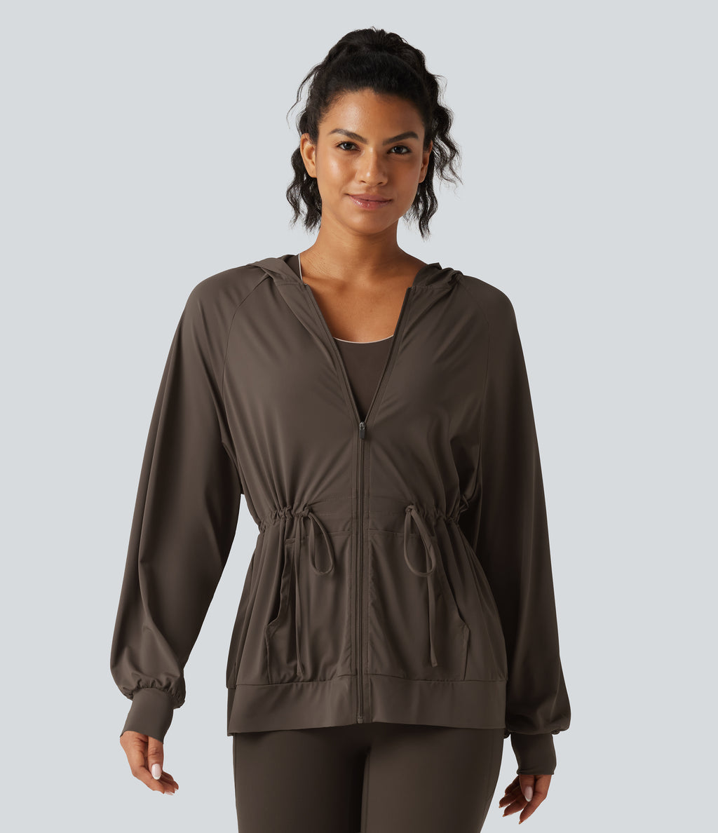 Hooded Long Sleeve Drawstring InstantCool Yoga Jacket with Pockets-UPF50+ — Chocolate Martini — view 1