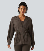Hooded Long Sleeve Drawstring InstantCool Yoga Jacket with Pockets-UPF50+ — Chocolate Martini — view 1