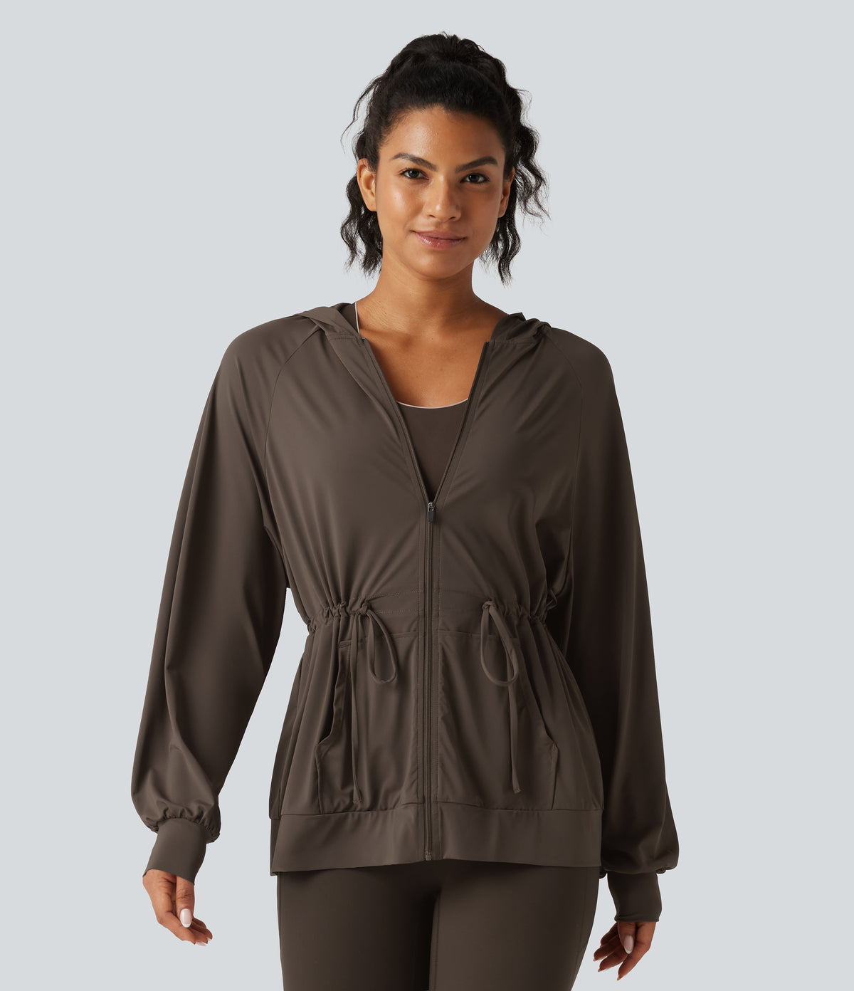 Hooded Long Sleeve Drawstring InstantCool Yoga Jacket with Pockets-UPF50+ — Chocolate Martini — view 1
