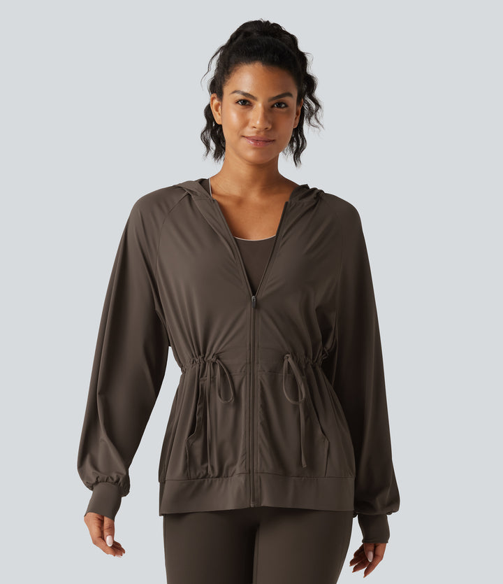 Hooded Long Sleeve Drawstring InstantCool Yoga Jacket with Pockets-UPF50+ — Chocolate Martini — view 1