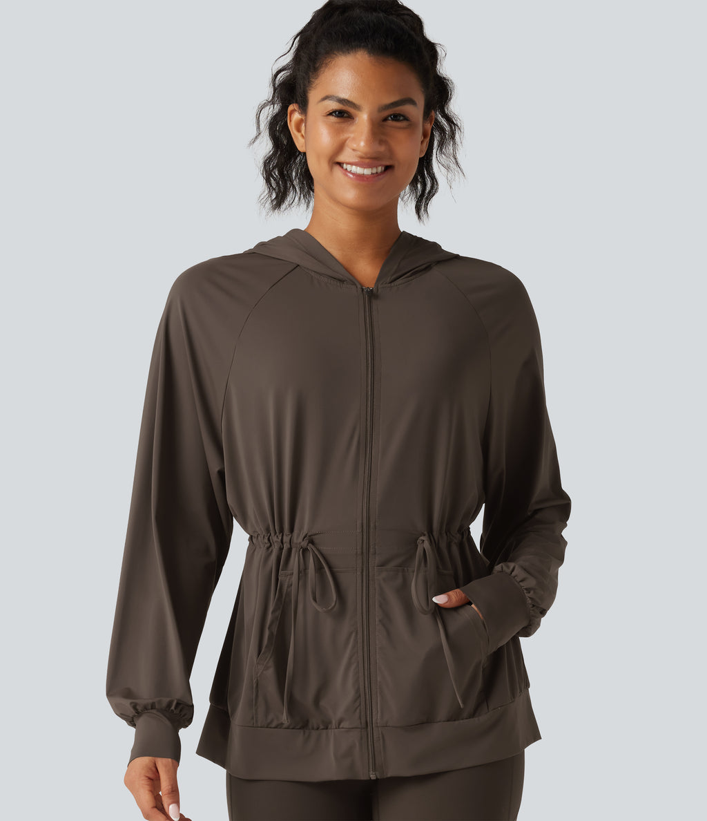 Hooded Long Sleeve Drawstring InstantCool Yoga Jacket with Pockets-UPF50+ — Chocolate Martini — view 4