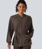 Hooded Long Sleeve Drawstring InstantCool Yoga Jacket with Pockets-UPF50+ — Chocolate Martini — view 4