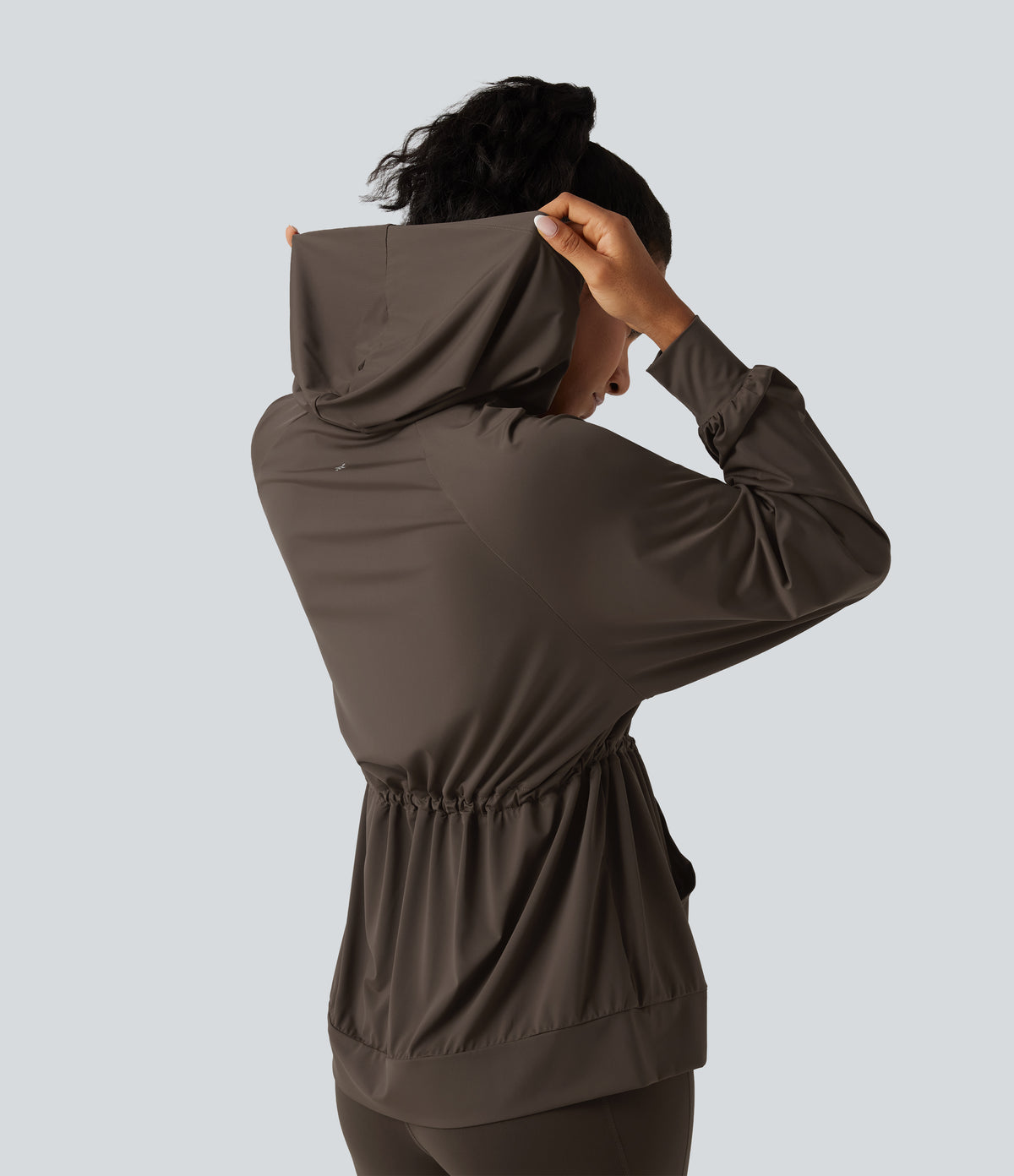 Hooded Long Sleeve Drawstring InstantCool Yoga Jacket with Pockets-UPF50+ — Chocolate Martini — view 5