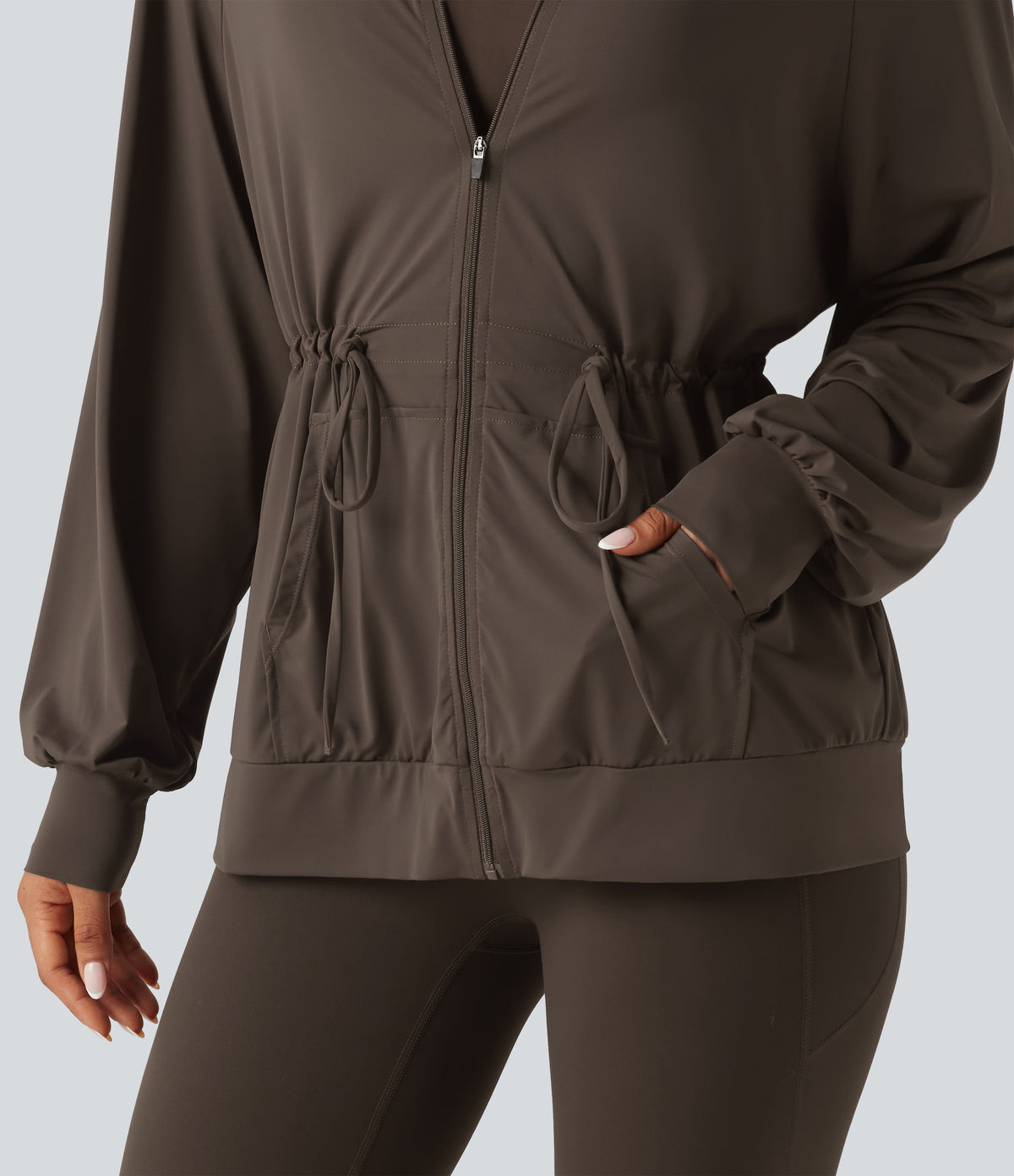 Hooded Long Sleeve Drawstring InstantCool Yoga Jacket with Pockets-UPF50+ — Chocolate Martini — view 6