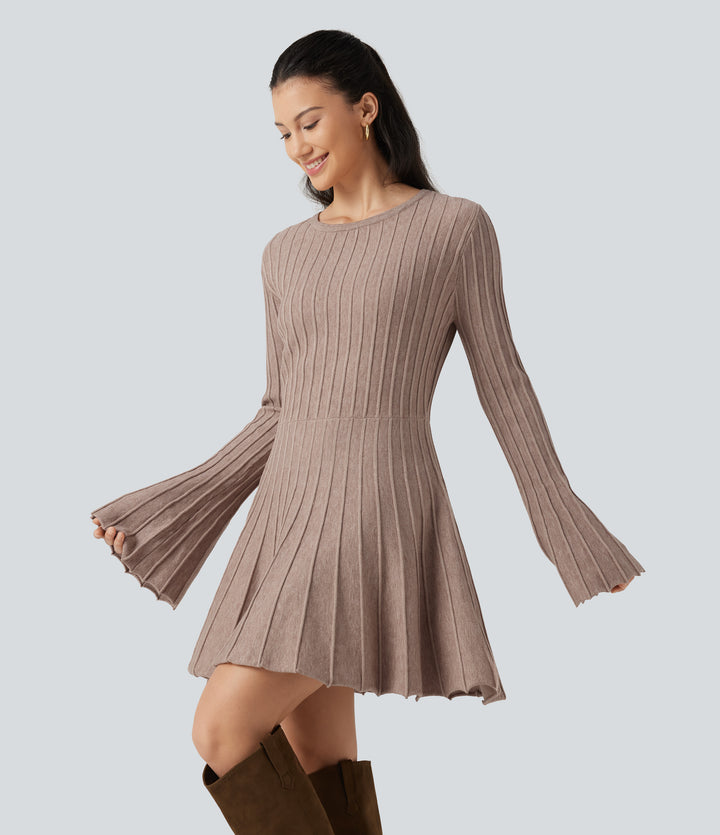 Round Neck Flounce Long Sleeve Flare Mini Casual Jumper Dress — Chanterelle — view 1