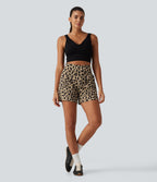 High Waisted 2-in-1 Leopard Print Yoga Shorts 5'' with Pockets — Toffee Wildcat Print — view 8
