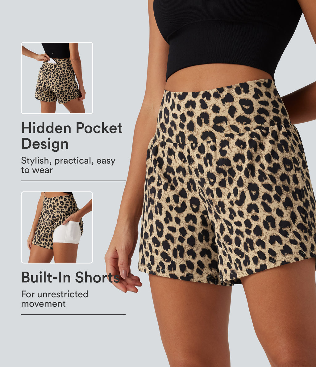 High Waisted 2-in-1 Leopard Print Yoga Shorts 5'' with Pockets — Toffee Wildcat Print — view 1