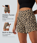 High Waisted 2-in-1 Leopard Print Yoga Shorts 5'' with Pockets — Toffee Wildcat Print — view 1