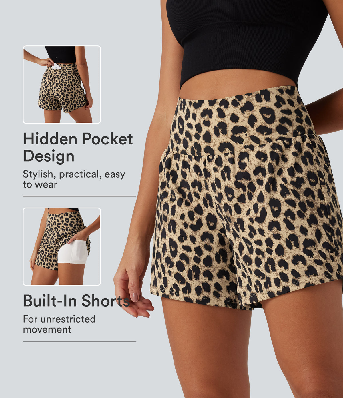 High Waisted 2-in-1 Leopard Print Yoga Shorts 5'' with Pockets — Toffee Wildcat Print — view 1