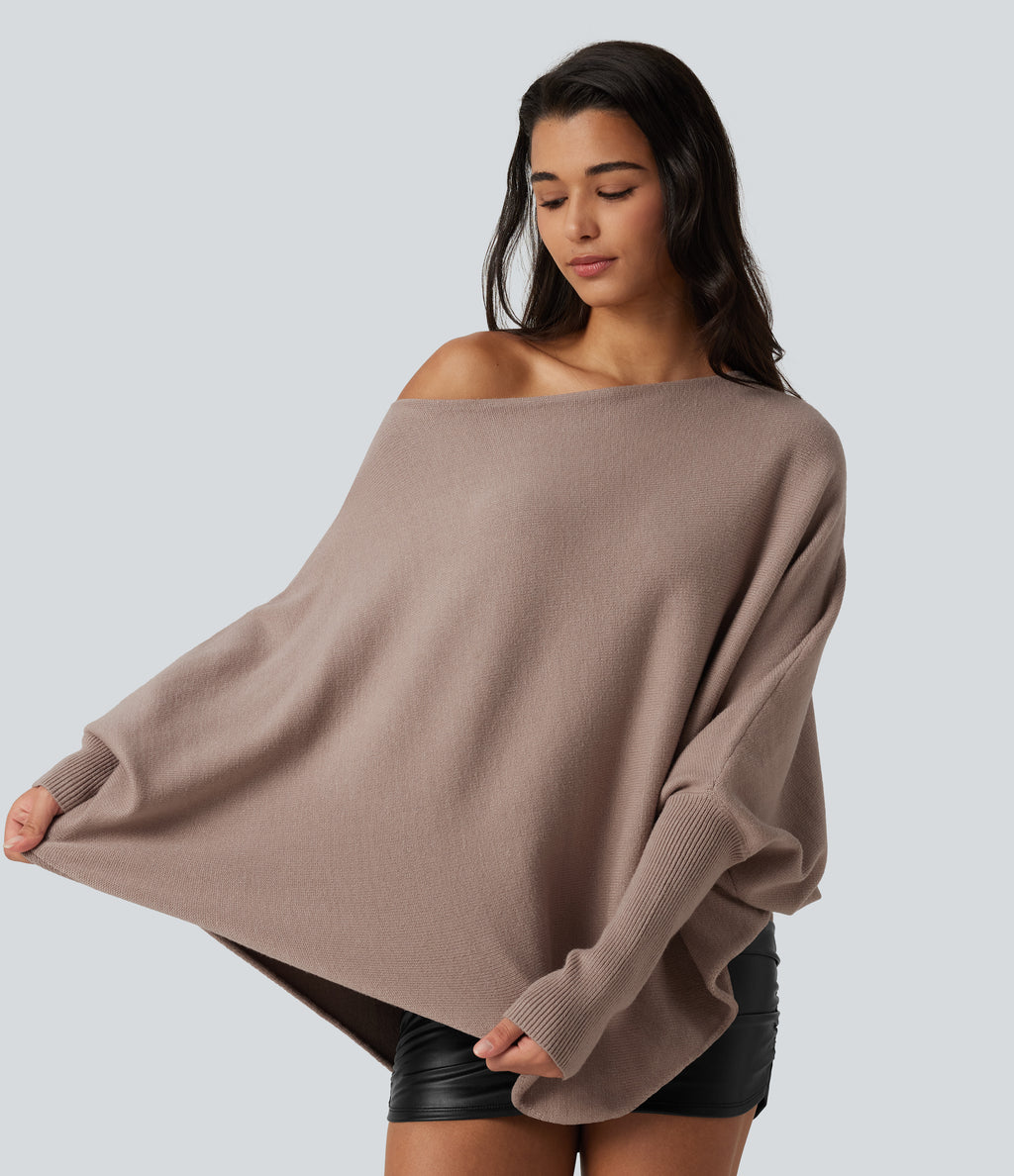 Batwing Long Sleeve Asymmetric Hem Casual Jumper — Pear Powder — view 6