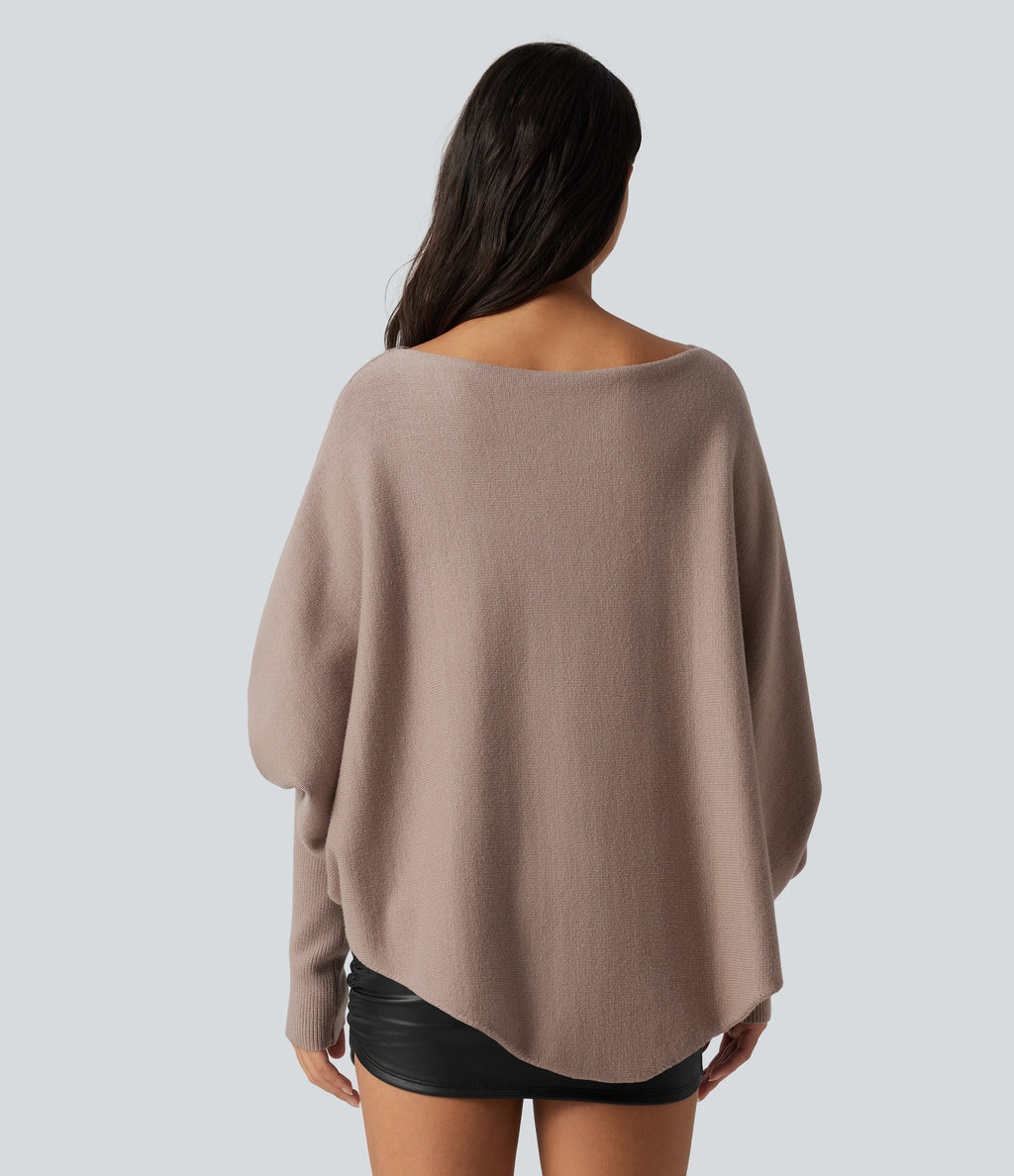 Batwing Long Sleeve Asymmetric Hem Casual Jumper — Pear Powder — view 2