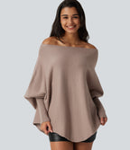 Batwing Long Sleeve Asymmetric Hem Casual Jumper — Pear Powder — view 4