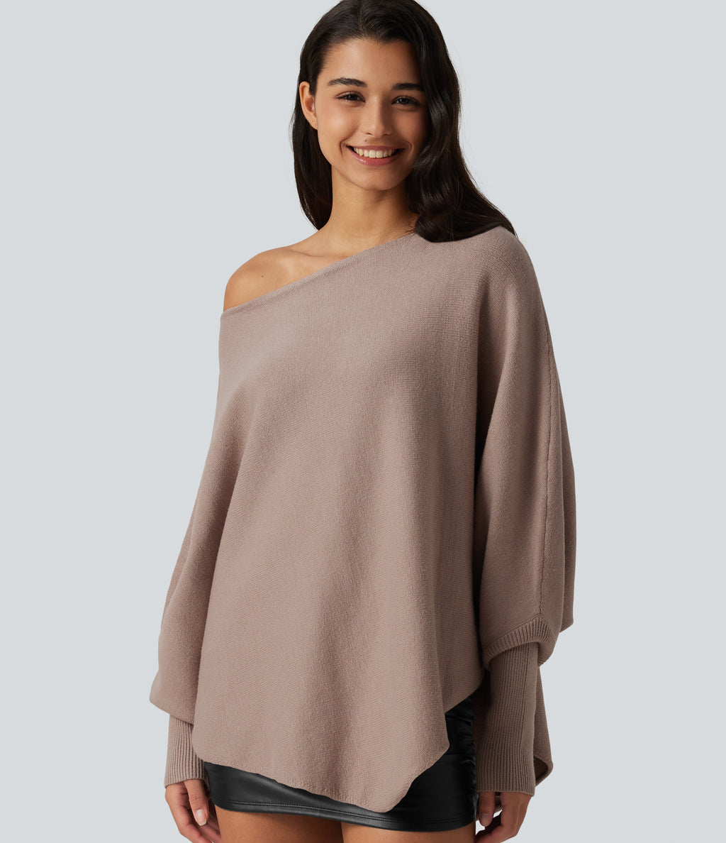 Batwing Long Sleeve Asymmetric Hem Casual Jumper — Pear Powder — view 5