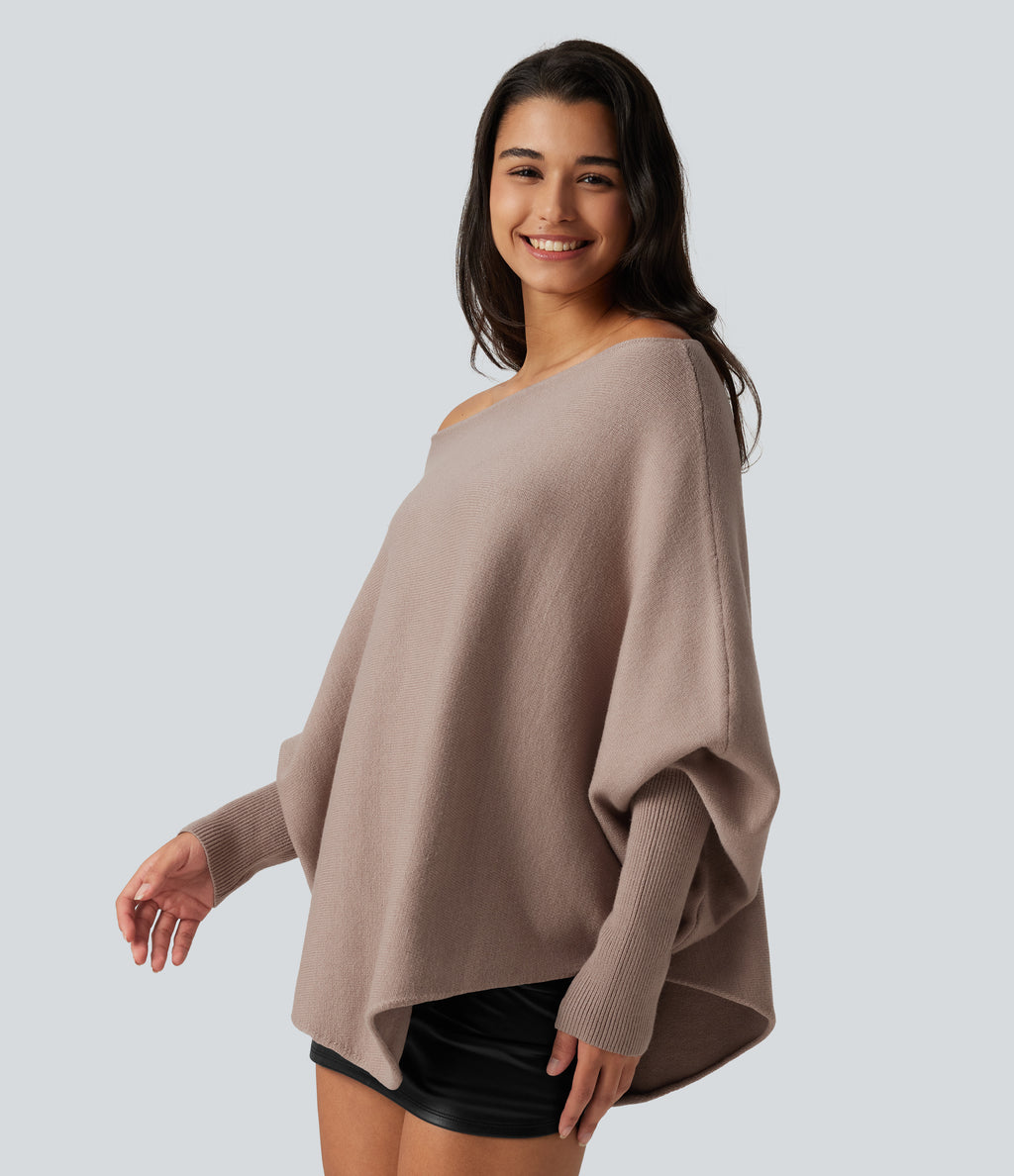 Batwing Long Sleeve Asymmetric Hem Casual Jumper — Pear Powder — view 3
