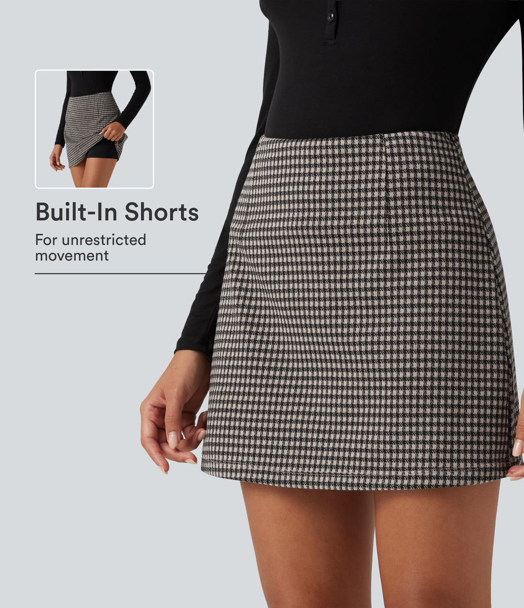 High Waisted 2-in-1 Patterned Mini Casual Skirt — Latte Night Grid — view 1