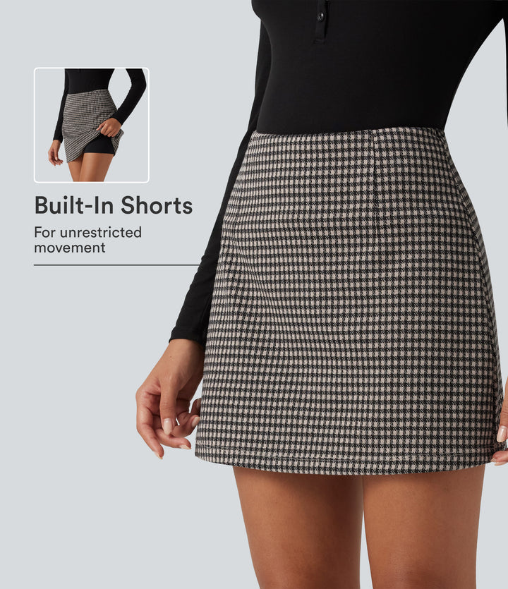 High Waisted 2-in-1 Patterned Mini Casual Skirt — Latte Night Grid — view 1