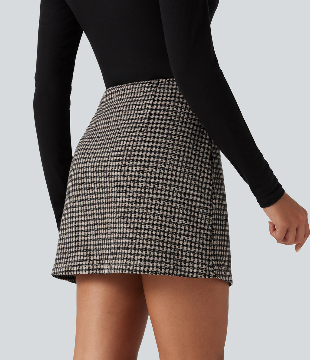 High Waisted 2-in-1 Patterned Mini Casual Skirt — Latte Night Grid — view 2