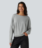 Round Neck Long Sleeve Relaxed Casual Top — Pigeon — view 4